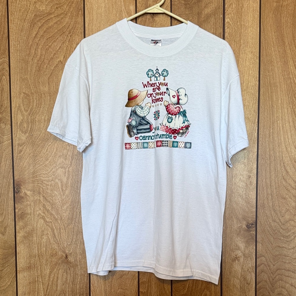 Jerzees White Graphic T-Shirt Sweet Colorful Print and Inspirational Saying Sz L